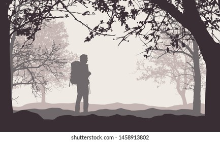 Realistic illustration of a man tourist with a backpack. Standing in forest among trees with branches under retro sky - vector