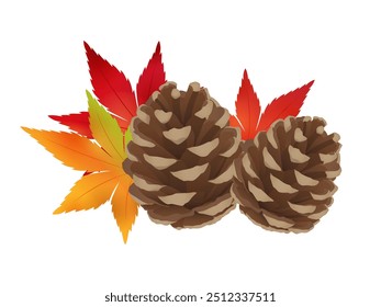 Realistic illustration of maple leaves and pine cones