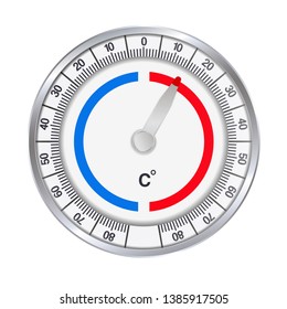 Realistic illustration of a metal round thermometer to measure degrees Celsius of cold and heat. Isolated on white background - vector
