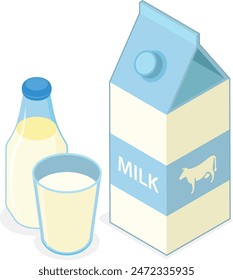 A realistic illustration of milk in three different containers: a cardboard carton, a glass, and a plastic bottle.