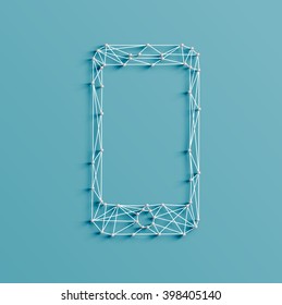 Realistic illustration of a mobile phone icon made by pins and strings, vector