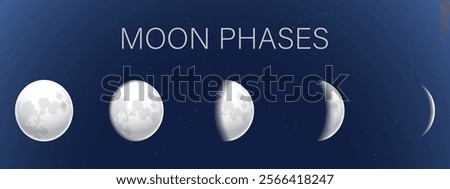 Realistic illustration of moon phases with craters. Vector on blue background