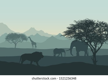 Realistic illustration of mountain african landscape and safari with animals and trees. Elephant with cub, lion and giraffe under green sky in savanna - vector