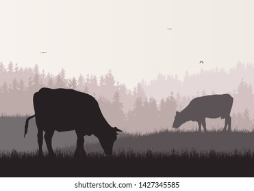 Realistic illustration of mountain farm landscape with forest, pasture and grazing cows under retro color sky with flying bird - vector