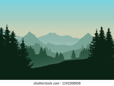 Realistic Illustration Of Mountain Landscape With Coniferous Forest And Trees, Under Green Blue Sky With Dawn - Vector