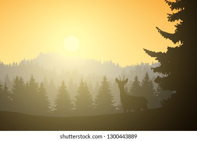 Realistic illustration of mountain landscape with coniferous forest and deer, under a morning yellow sky with sunshine - vector