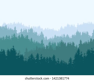 Realistic illustration of mountain landscape with coniferous forest and hills under clear blue and green sky - vector