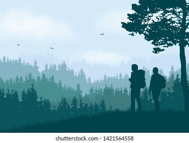 Realistic illustration of mountain landscape with coniferous forest and hills under clear blue and green sky with white clouds. Two hikers, man and woman with backpacks standing and looking - vector