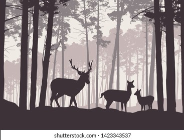 Realistic illustration of mountain landscape with coniferous forest under sky with haze. Deer, doe and little deer standing and looking into valley - retro vector