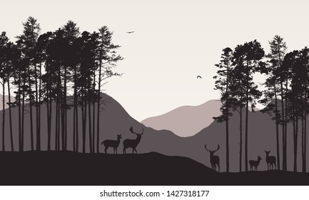 Realistic illustration of mountain landscape with coniferous forest. Deer herd grazes under retro color sky with flying bird - vector