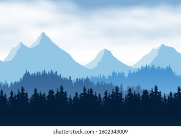 Realistic illustration of mountain landscape with coniferous forest and clouds. Overcast spring or winter sky - vector