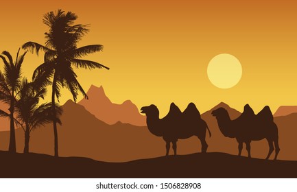 Realistic illustration of mountain landscape in the desert. Two camels near oasis with palm trees, under orange morning sky with rising sun - vector