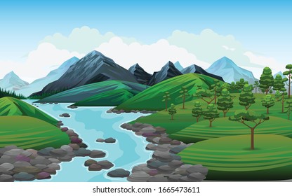 Realistic illustration of mountain landscape. Exciting view with forest and river