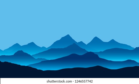 Realistic illustration of mountain landscape with fog under blue sky - vector