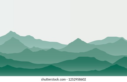 Realistic illustration of mountain landscape with fog under green sky - vector