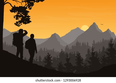 Realistic illustration of mountain landscape with forest and two tourists, man and woman. Morning orange sky with rising sun, clouds and flying bird - vector