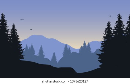 Realistic illustration of mountain landscape with forest, under blue sky with flying birds and rising sun - vector