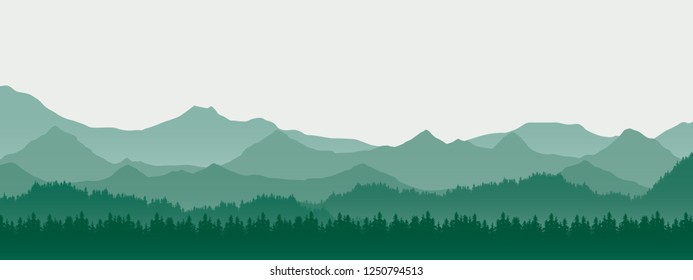 Realistic illustration of mountain landscape with hill and forest with coniferous trees, under green spring sky with space for text - vector