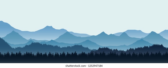 Realistic Illustration Of Mountain Landscape With Hill And Forest With Coniferous Trees, Under Blue Winter Sky With Space For Text - Vector