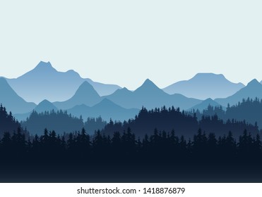 Realistic Illustration Of Mountain Landscape With Hills And Coniferous Forest Under Blue Sky. Suitable As A Holiday Or Travel Advertisement - Vector