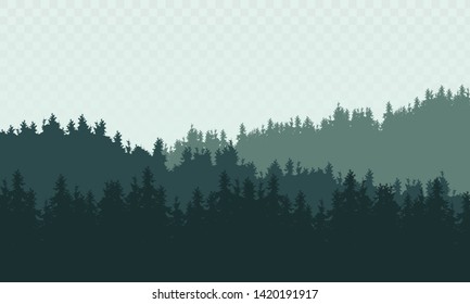Realistic illustration of mountain landscape with hills and coniferous forest under transparent green sky. Suitable as a holiday or travel advertisement - vector