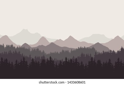 Realistic illustration of mountain landscape with hills and coniferous forest under retro color sky. Suitable as a holiday or travel advertisement - vector