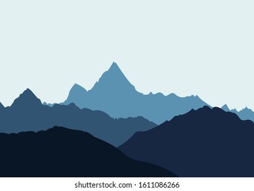 Realistic illustration of a mountain landscape with hills under a blue sky. Suitable as a holiday or travel ad - vector
