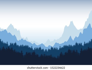 Realistic illustration of mountain landscape with silhouettes of coniferous trees and forest under blue sky with fog or haze and space for text - vector
