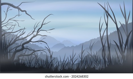 Realistic illustration of a mountain landscape with silhouettes of trees, grass, mountains and forest in the background under a blue sky with fog or haze and space for text - vector
