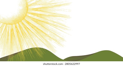 Realistic illustration of a mountain landscape with sunlight. Twilight or late afternoon atmosphere. Abstract natural landscape. Mountains and forest. Vector illustration.