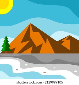 realistic illustration mountains landscape. Morning wood panorama, pine trees and mountains silhouettes. forest hiking background, beach atmosphere