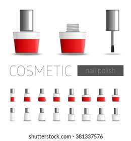 Realistic illustration of nail polish. Vector template package nail polish bottles of red. Template cosmetic accessories.