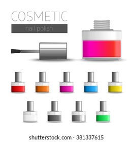 Realistic illustration of nail polish. Vector template package nail polish bottles in different colors. Template cosmetic accessories.