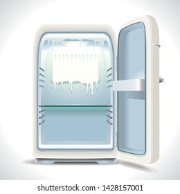 Realistic illustration of an old vintage fridge last century with chrome handle and open door.