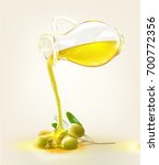 a realistic illustration of an olive oil jug pour on an olive fruit lay on the ground isolated on cream background.