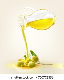 A Realistic Illustration Of An Olive Oil Jug Pour On An Olive Fruit Lay On The Ground Isolated On Cream Background.