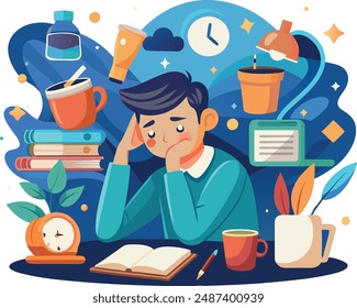 realistic illustration on sleep deprivation due to stress, studies