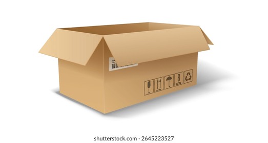 Realistic illustration of an open cardboard box with shipping symbols. Brown color and minimal shadowing. Perfect for logistics and packaging themes.