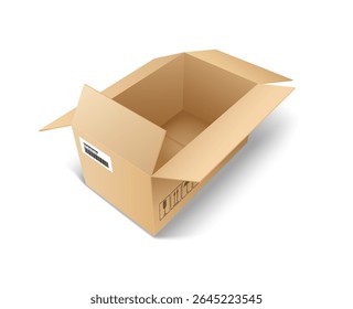 Realistic illustration of an open cardboard box with printed symbols. Brown tones depict packaging and shipping on a plain white background.