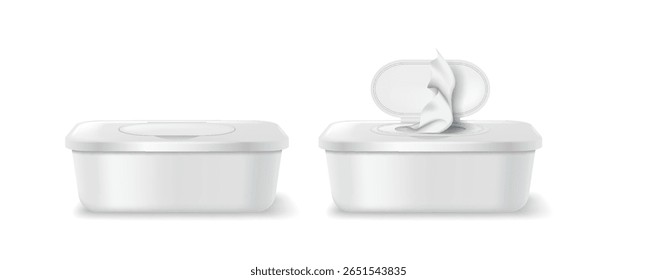 Ilustração realista de um recipiente de toalhetes úmidos brancos abertos e fechados. Fundo neutro. Ideal para apresentações relacionadas a produtos de higiene e limpeza.