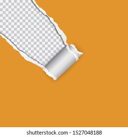 Realistic illustration of orange paper with torn and rolled up corner, isolated on transparent background with space for text - vector