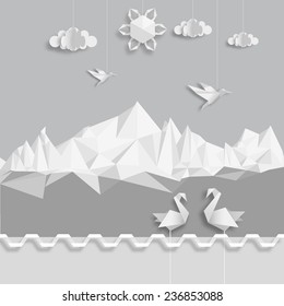 Realistic illustration, of origami clouds, birds and sun. Vector EPS 10