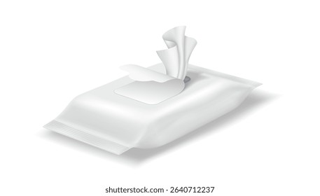Realistic illustration of a pack of wet wipes. White packaging with a partially open lid. Ideal for hygienerelated designs. Minimalist style.