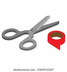 A realistic illustration of a pair of scissors and a roll of tape on a white background.