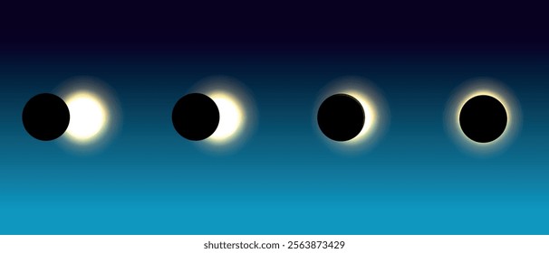 Realistic illustration of the phases of a solar eclipse. Vector on a blue background