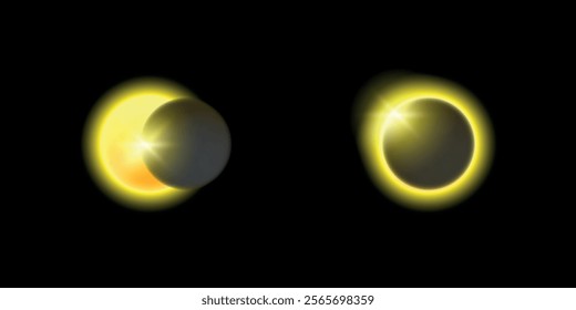 Realistic illustration of the phases of a solar eclipse. Vector on a blue background