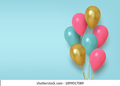 Realistic illustration of pink, blue and gold balloons. Vector 