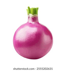 A realistic illustration of a pink onion with green shoots on top.