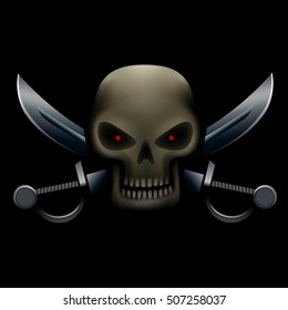 Realistic illustration of pirate skull with red eyes and sabers on background. Pirate sign, piracy symbol