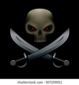 Realistic illustration of pirate skull with red eyes and on sabers and bottom. Pirate sign, piracy symbol